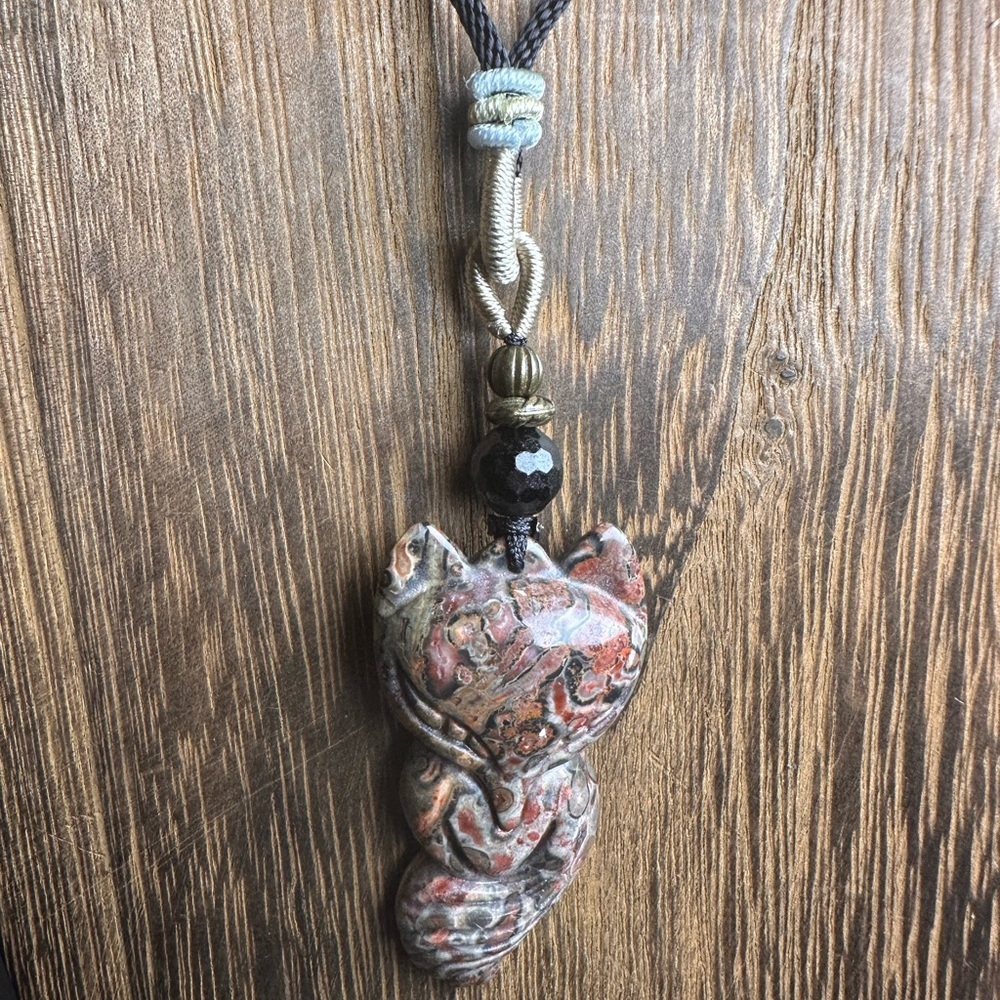Handcrafted Leopard Jasper Fox Pendant Necklace on Black Adjustable Rope